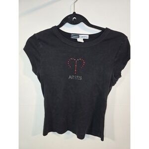 Vintage Womens Y2K Rhinestone Babydoll Tee Size M Grunge Biker Goth Aries Zodiac